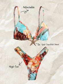 Elavelle Springbreak Women Beachwear Summer Outfits For Women: Random Floral & Metal Starfish Decor Spaghetti Strap High Cut Shorts Sexy Bikini Set - Multicolor - View 1