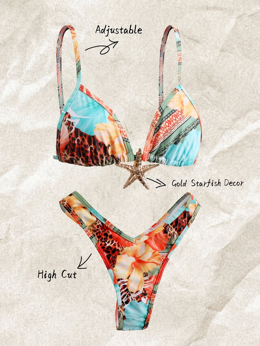 Elavelle Springbreak Women Beachwear Summer Outfits For Women: Random Floral & Metal Starfish Decor Spaghetti Strap High Cut Shorts Sexy Bikini Set - Multicolor - View 1