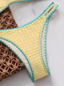 Elavelle Women's Jacquard Fabric Spaghetti Strap Shell Crochet Trim Bikini Set, Spring/Summer - Yellow - View 5