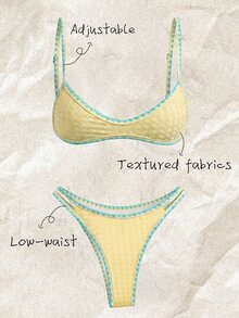 Elavelle Women's Jacquard Fabric Spaghetti Strap Shell Crochet Trim Bikini Set, Spring/Summer - Yellow - View 1