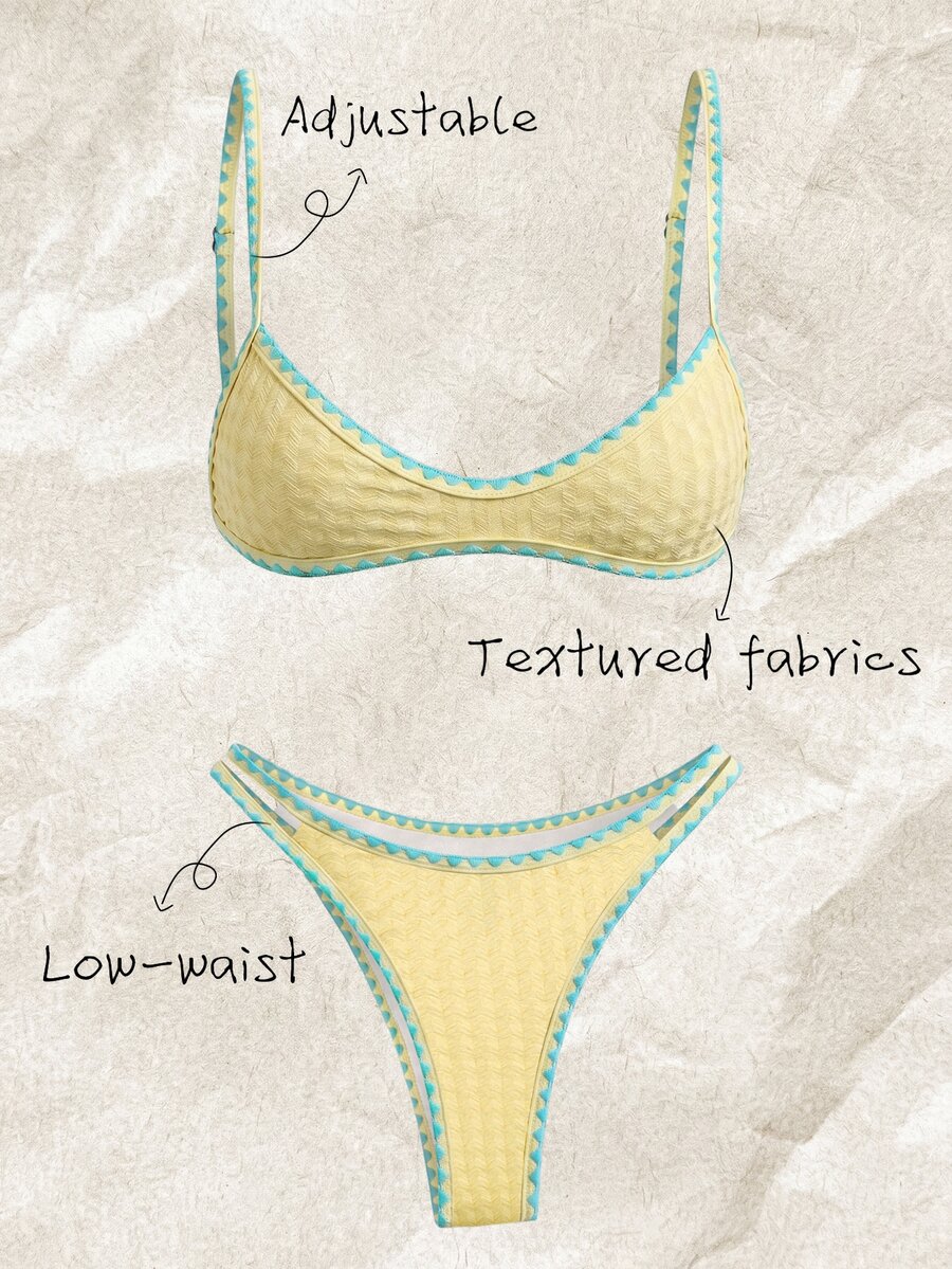 Elavelle Women's Jacquard Fabric Spaghetti Strap Shell Crochet Trim Bikini Set, Spring/Summer - Yellow - View 1