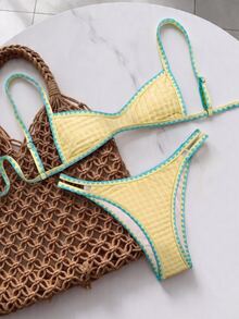 Elavelle Women's Jacquard Fabric Spaghetti Strap Shell Crochet Trim Bikini Set, Spring/Summer - Yellow - View 3