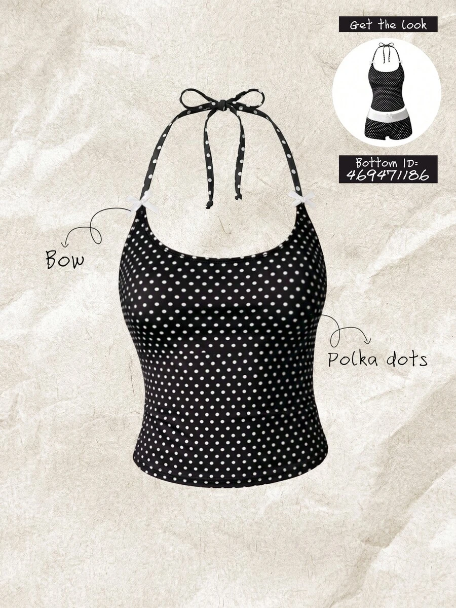Elavelle Atasan Bikini Wanita Motif Polkadot Leher Halter dengan Hiasan Pita, Motif Acak, Musim Semi/Panas - MultiWarna - View 1