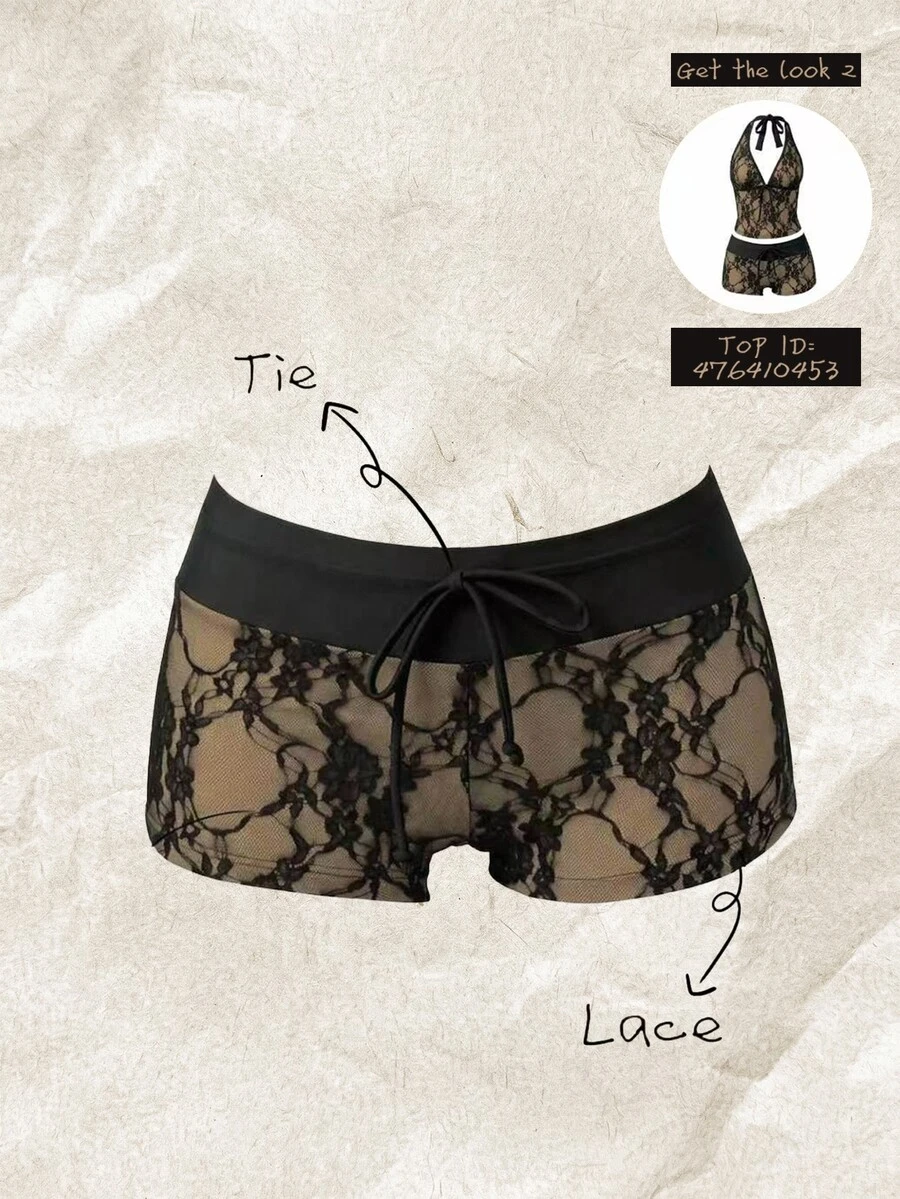 Elavelle Women's Lace Jacquard Fabric Swimwear Bottom With Bow Accent, Spring/Summer - Black - View 1