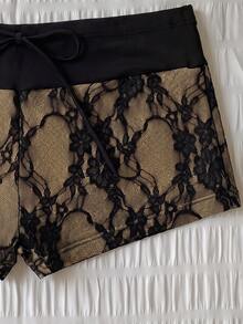 Elavelle Women's Lace Jacquard Fabric Swimwear Bottom With Bow Accent, Spring/Summer - Black - View 5