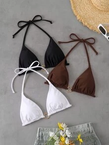 Elavelle 女款春夏純色掛脖金屬環裝飾比基尼上衣，海灘性感風，黑色、巧克力棕、白色 - 彩色 - 查看 3