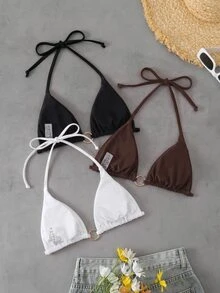 Elavelle 女款春夏純色掛脖金屬環裝飾比基尼上衣，海灘性感風，黑色、巧克力棕、白色 - 彩色 - 查看 2