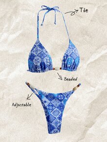 Elavelle Springbreak Women's Random Print Halter Ruched Beaded Sexy Bikini Swimwear Set, Summer Beachwear Outfits - Multicolor - View 1