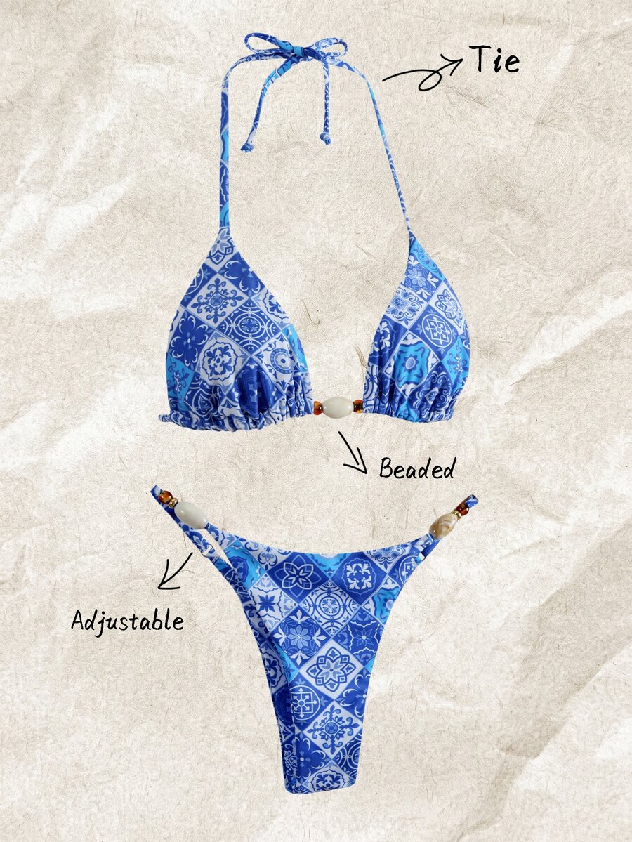 Elavelle Springbreak Women's Random Print Halter Ruched Beaded Sexy Bikini Swimwear Set, Summer Beachwear Outfits - Multicolor - View 1