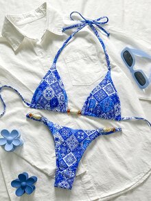 Elavelle Springbreak Women's Random Print Halter Ruched Beaded Sexy Bikini Swimwear Set, Summer Beachwear Outfits - Multicolor - View 4