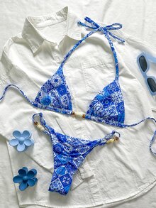 Elavelle Springbreak Women's Random Print Halter Ruched Beaded Sexy Bikini Swimwear Set, Summer Beachwear Outfits - Multicolor - View 3