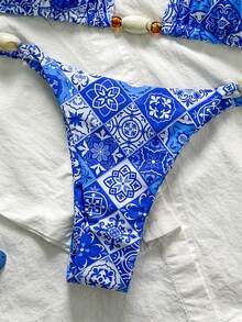Elavelle Springbreak Women's Random Print Halter Ruched Beaded Sexy Bikini Swimwear Set, Summer Beachwear Outfits - Multicolor - View 6