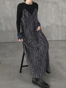 FRIFUL Women's Autumn Textured Fabric Layered Long Strap Dress - Grey - View 5