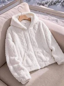 SHEIN Tween Girls Tween Girl Plush Heart Simple Casual Fashion Zipper Jacket Fall/Winter Outfits - Beige - View 9