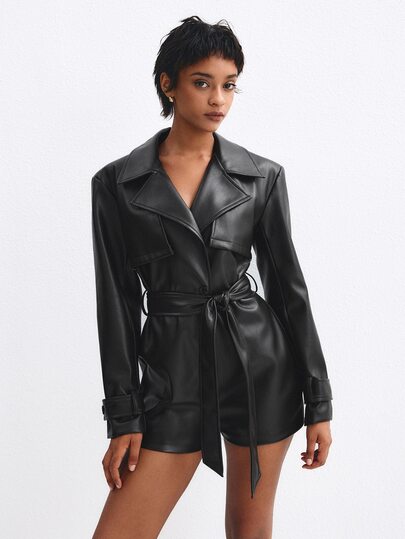 ATUI Studio Women's Dark Brown Faux Leather Blazer Romper, Lapel Long Sleeve Cinched Cinched Cinched Waist Sexy Romper, Design Blazer Romper, Dark Brown Faux Leather Sexy Romper, Street Style Sexy Outfit