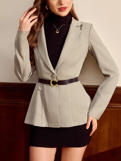 Vintamour Vintage Casual Classic Elegant Women's Fitted Notch Lapel Blazer Jacket, Sage Green Long Sleeve Skirt-Style Suit Jacket, Summer/ Office Business