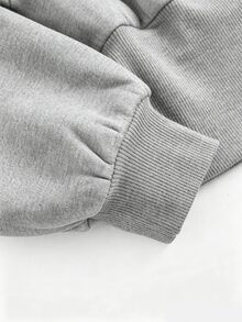 Girlism 青少年女孩秋季/冬季新款針織灰色花卉簡約休閒運動小Logo刺繡連帽收腰長袖衛衣，返校季，休閒時尚百搭 - 灰色 - 查看 4