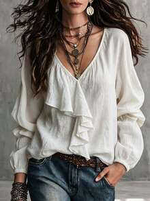 SHEIN 2026 New V-Neck Faux Linen Long Sleeve Casual Boho Daily Brunch Vacation Ruffle Trim Women's Blouse Off White Autumn - White - View 1