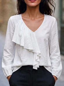 SHEIN 2026 New V-Neck Faux Linen Long Sleeve Casual Boho Daily Brunch Vacation Ruffle Trim Women's Blouse Off White Autumn - White - View 7