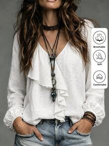 SHEIN 2026 New V-Neck Faux Linen Long Sleeve Casual Boho Daily Brunch Vacation Ruffle Trim Women's Blouse Off White Autumn - White - View 3