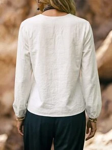 SHEIN 2026 New V-Neck Faux Linen Long Sleeve Casual Boho Daily Brunch Vacation Ruffle Trim Women's Blouse Off White Autumn - White - View 2