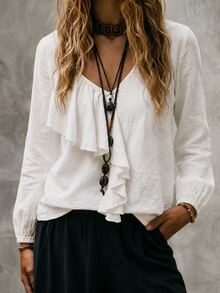 SHEIN 2026 New V-Neck Faux Linen Long Sleeve Casual Boho Daily Brunch Vacation Ruffle Trim Women's Blouse Off White Autumn - White - View 8