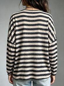SHEIN Holidaya 女款寬鬆落肩圓領長袖休閒上衣，黑色米色經典橫條紋秋季服飾 - 彩色 - 查看 2