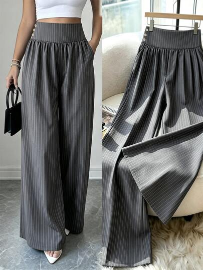Lucivie Pantaloni palazzo eleganti e casual da donna con righe verticali, vita alta arricciata, decorazione laterale con bottoni, gamba ampia e morbida