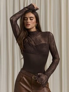 Aloruh Women's Autumn/Winter Lace Patchwork Flare Sleeve Top - Brown - View 5