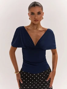 SHEIN BAE Women's Casual Vacation Draped Neck Backless Chain Decor Dress, Suitable For Beach Sisters Leisure Hot Animal Print Brown - Navy Blue - View 5
