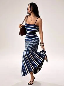 SHEIN PETITE Women's Striped Fitted Sexy Spaghetti Strap Knit Dress - Navy Blue - View 3