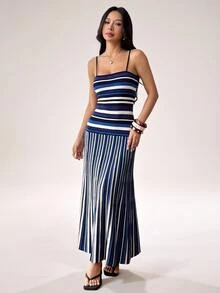 SHEIN PETITE Women's Striped Fitted Sexy Spaghetti Strap Knit Dress - Navy Blue - View 4