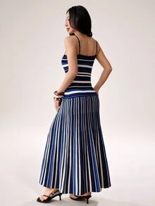 SHEIN PETITE Women's Striped Fitted Sexy Spaghetti Strap Knit Dress - Navy Blue - View 2