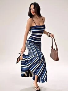 SHEIN PETITE Women's Striped Fitted Sexy Spaghetti Strap Knit Dress - Navy Blue - View 1