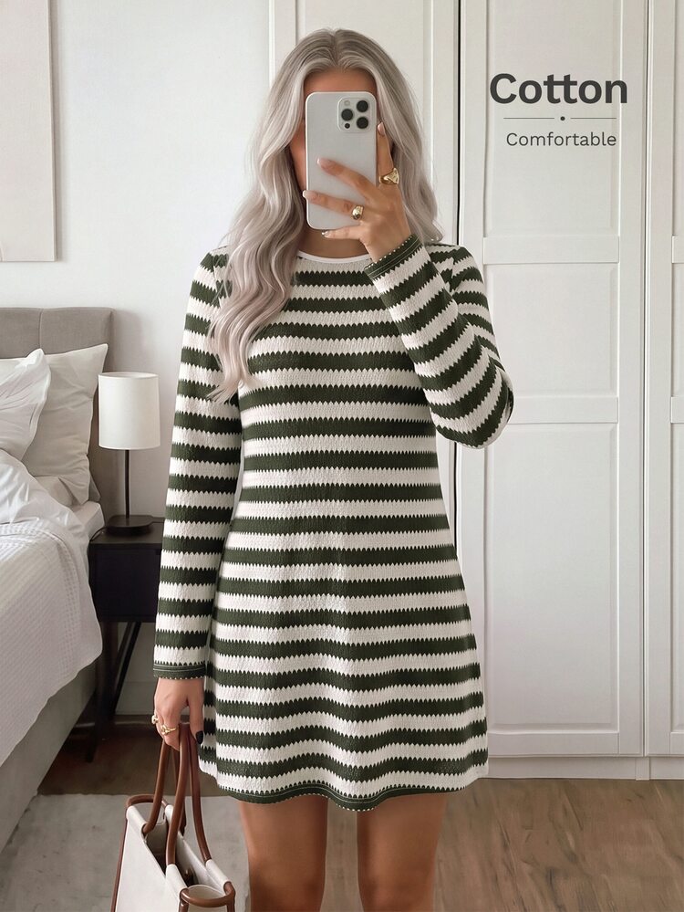 Easowa Gaun Wanita Musim Gugur/Dingin Garis-Garis Hijau dan Putih Kasual Preppy Gaun Mini Musim Gugur Sehari-hari untuk Makan Siang - Hijau - View 2