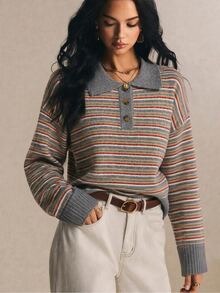 Poéselle Women's Grey Multicolor Striped Polo Collar Button Long Sleeve Sweater, Fall Winter Sweater,Going Out Top,Casual Loose Knit Top Brunch Fall Winter - Multicolor - View 2