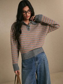Poéselle Women's Grey Multicolor Striped Polo Collar Button Long Sleeve Sweater, Fall Winter Sweater,Going Out Top,Casual Loose Knit Top Brunch Fall Winter - Multicolor - View 6