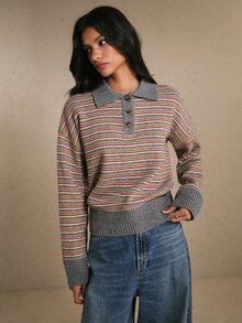 Poéselle Women's Grey Multicolor Striped Polo Collar Button Long Sleeve Sweater, Fall Winter Sweater,Going Out Top,Casual Loose Knit Top Brunch Fall Winter - Multicolor - View 5