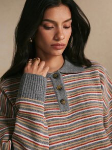 Poéselle Women's Grey Multicolor Striped Polo Collar Button Long Sleeve Sweater, Fall Winter Sweater,Going Out Top,Casual Loose Knit Top Brunch Fall Winter - Multicolor - View 4