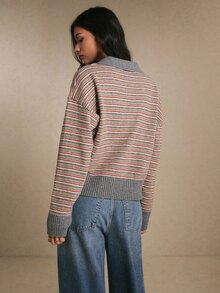 Poéselle Women's Grey Multicolor Striped Polo Collar Button Long Sleeve Sweater, Fall Winter Sweater,Going Out Top,Casual Loose Knit Top Brunch Fall Winter - Multicolor - View 9