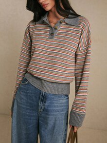 Poéselle Women's Grey Multicolor Striped Polo Collar Button Long Sleeve Sweater, Fall Winter Sweater,Going Out Top,Casual Loose Knit Top Brunch Fall Winter - Multicolor - View 7