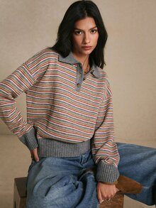 Poéselle Women's Grey Multicolor Striped Polo Collar Button Long Sleeve Sweater, Fall Winter Sweater,Going Out Top,Casual Loose Knit Top Brunch Fall Winter - Multicolor - View 8