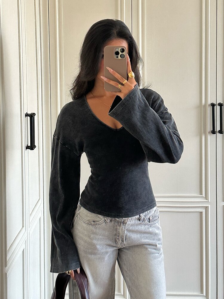 SHEIN EZwear Black Knitted Women's V-Neck Drop Shoulder Long Sleeve Casual T-Shirt Everyday Work Everyday Day Time Night Autumn - Black - View 6