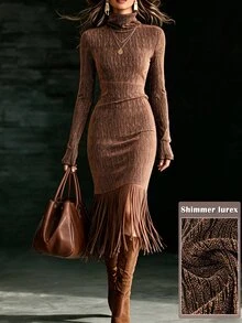 Omancia Gaun Bodycon Rajut Rumbai Benang Metalik Emas/Perak Model Slim Fit Lengan Panjang Mengembang Warna Kopi untuk Musim Gugur/Dingin, Cocok untuk Pesta dan Acara Lainnya - Kopi - View 7