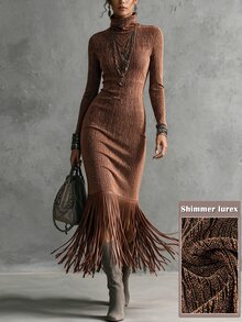 Omancia Gaun Bodycon Rajut Rumbai Benang Metalik Emas/Perak Model Slim Fit Lengan Panjang Mengembang Warna Kopi untuk Musim Gugur/Dingin, Cocok untuk Pesta dan Acara Lainnya - Kopi - View 8