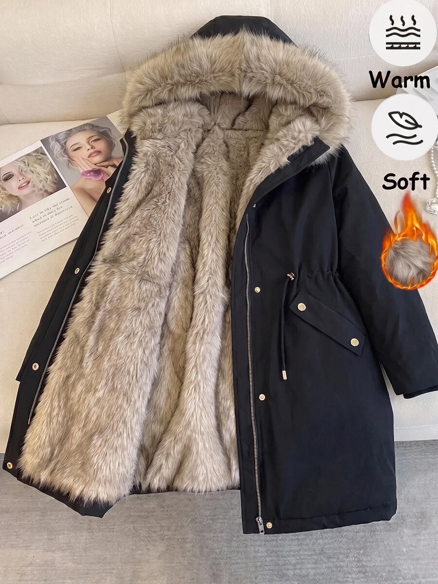 SHEIN Clasi Winter Drawstring Waist Thermal Lined Hooded Parka Jacket - Black - View 1