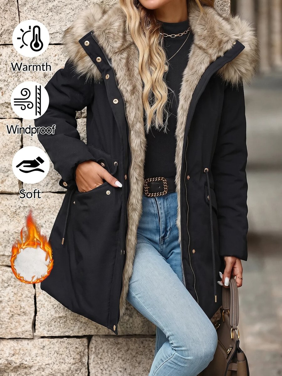 SHEIN Clasi Winter Drawstring Waist Thermal Lined Hooded Parka Jacket - Black - View 1