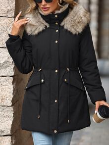 SHEIN Clasi Winter Drawstring Waist Thermal Lined Hooded Parka Jacket - Black - View 8