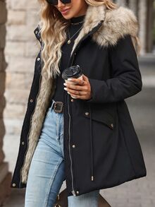 SHEIN Clasi Winter Drawstring Waist Thermal Lined Hooded Parka Jacket - Black - View 3