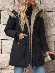 SHEIN Clasi Winter Drawstring Waist Thermal Lined Hooded Parka Jacket - Black - View 4